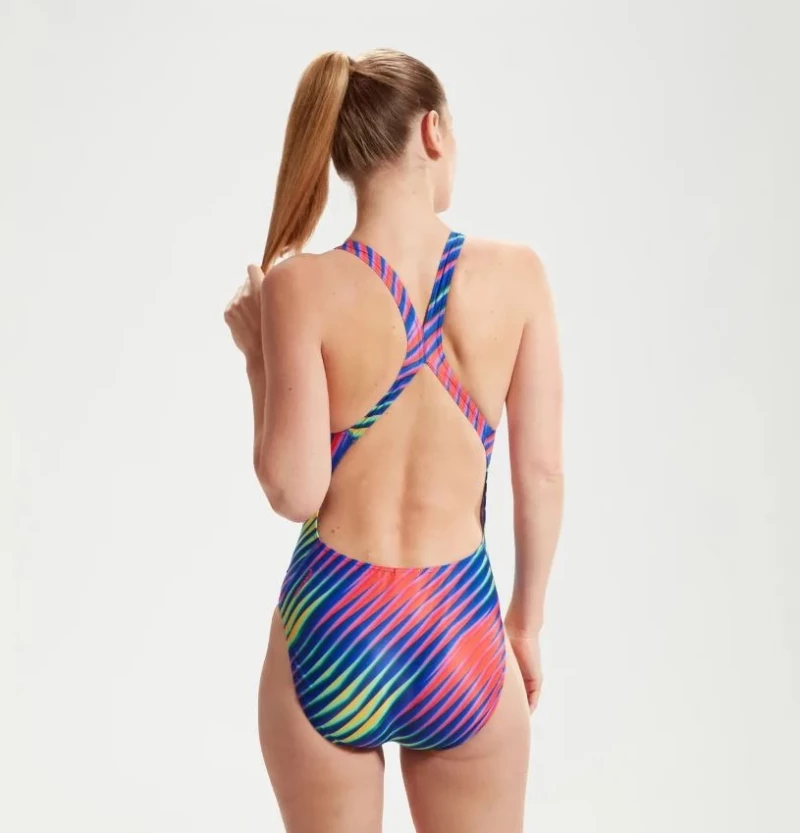 Speedo Badeanzug Damen Powerback mit Digital-Print Blau-Rot